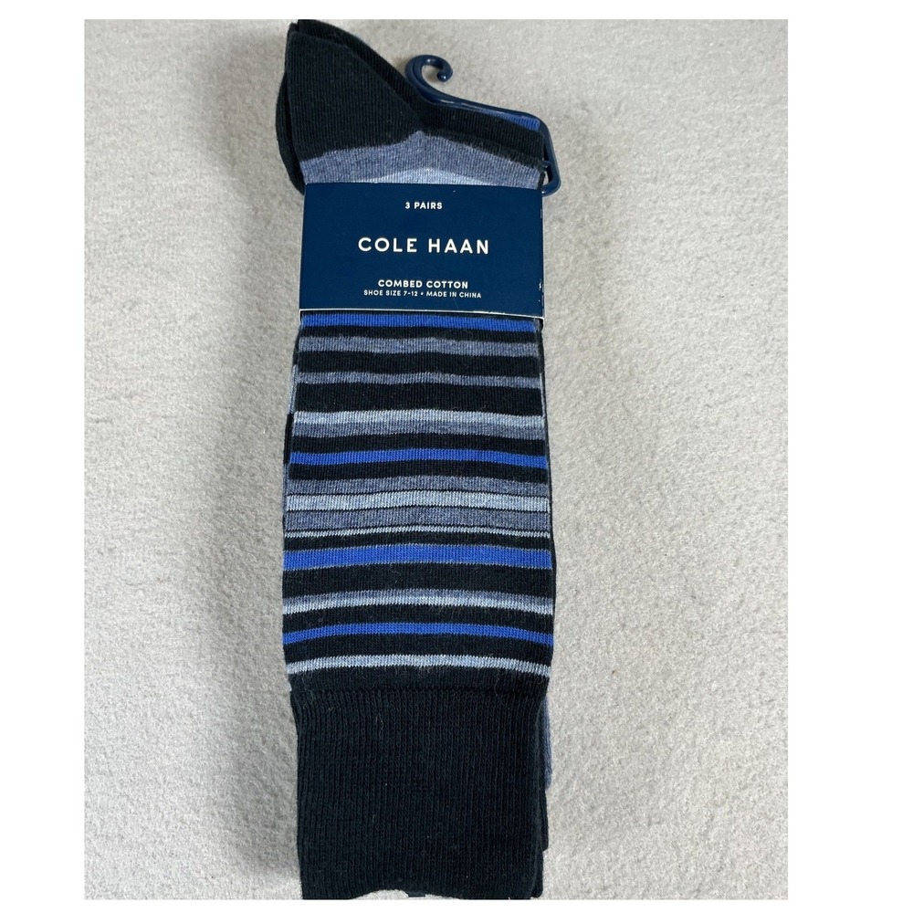Cole Haan Mens 3 Pack Combed Cotton Striped Crew Socks Blue Black Grey Size 7-12